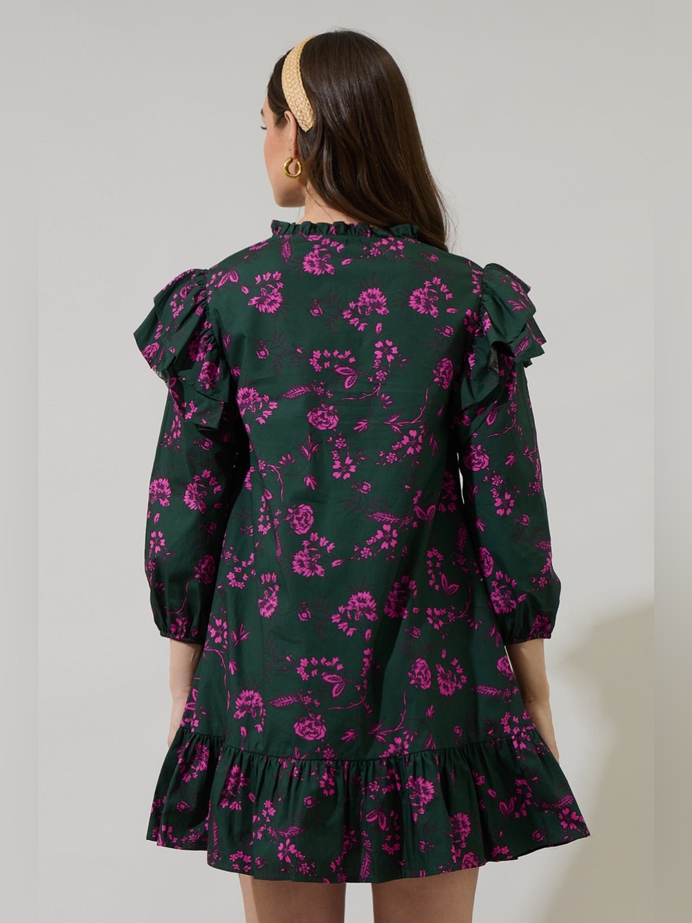 NWT- SUGARLIPS Close To You Sammy Ruffle Drop Waist Green Floral Mini Dress - Picture 3 of 15